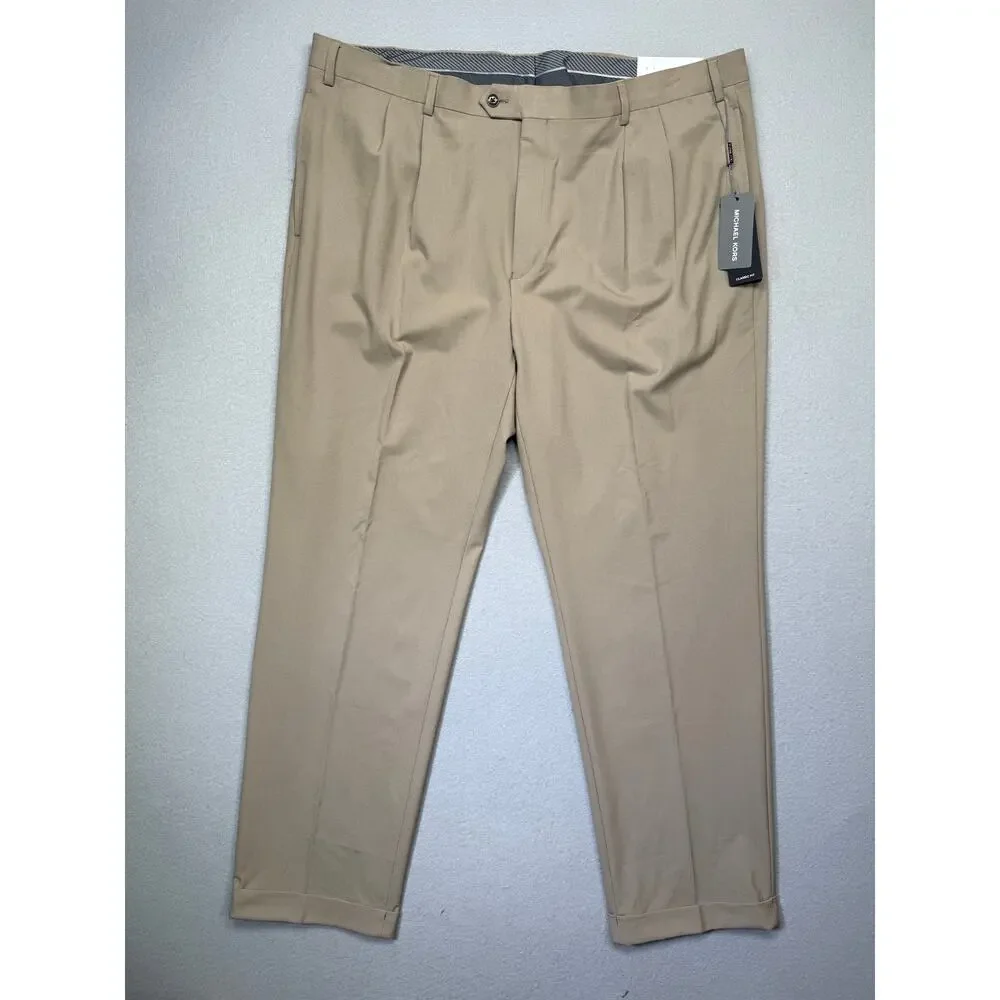 Michael Kors Men's Pleated Solid Classic Fit Pants Tan 40x32 $95